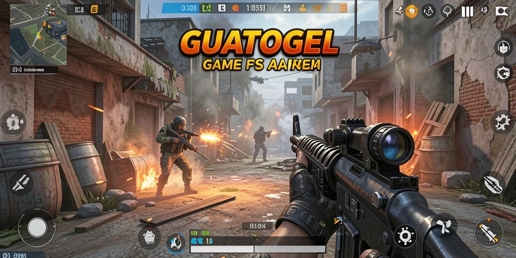 Tampilan gameplay GUATOGEL dengan aksi tembak-menembak yang mendalam.