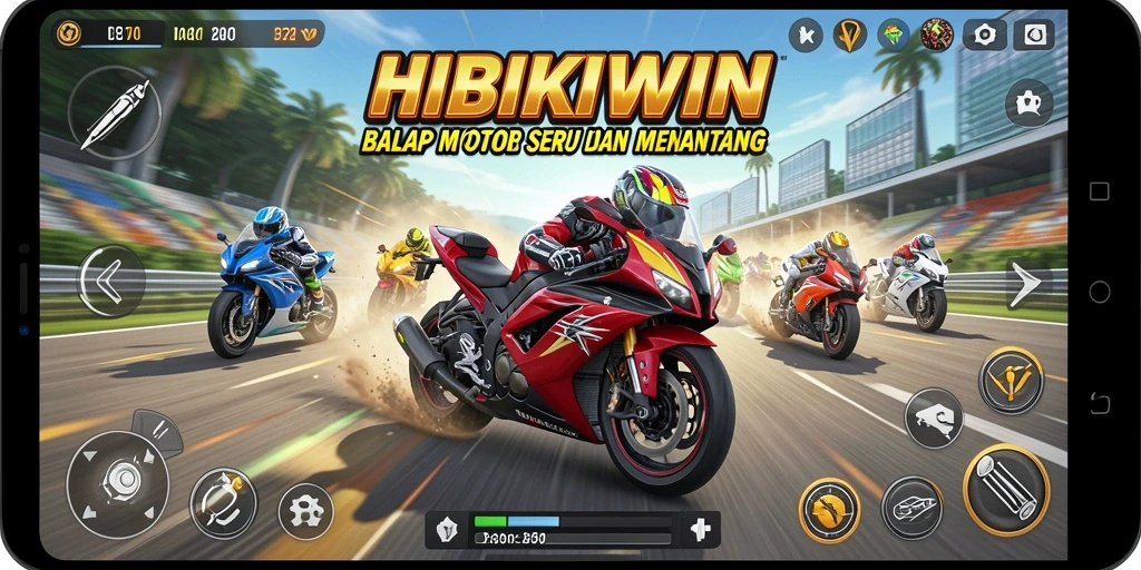 Tampilan gameplay HIBIKIWIN dengan aksi balap motor yang mendebarkan.