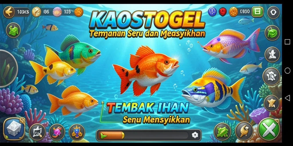 Tampilan gameplay KAOSTOGEL yang seru dengan aksi tembak ikan.