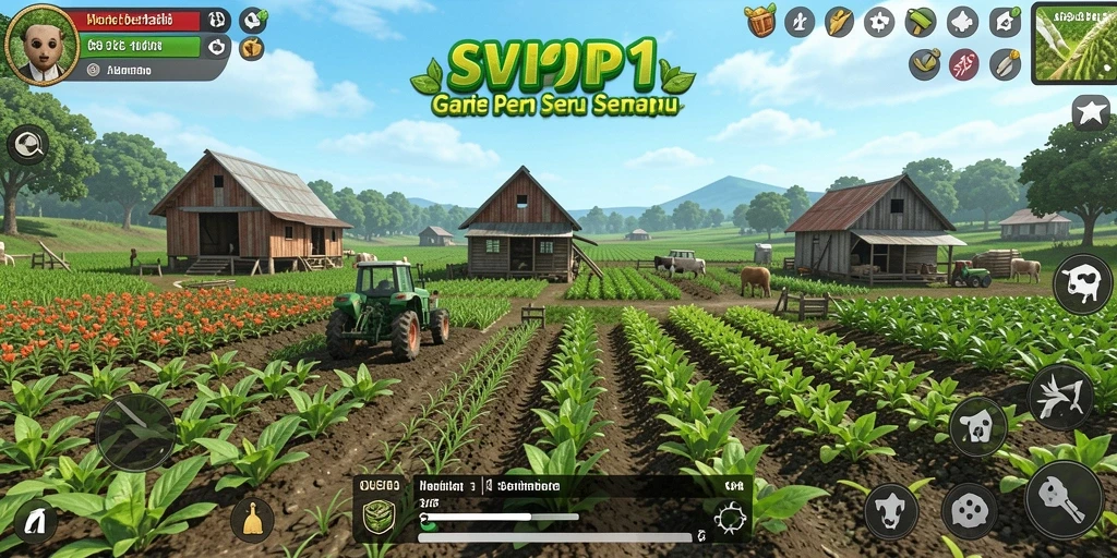 Tampilan gameplay <strong>SVIP1</strong> dengan ladang hijau yang subur dan aktivitas peternakan.